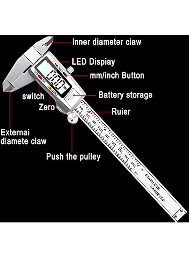 بي دبليو اس جاي اداة قياس دقيقة ار فارير مقاس 6 اش 150 ملم، قياس العمق الداخلي الخارجي، ماسة للاستخدام اليومي والاحترافي، 0.001 اش 0.02 ملم ستالس ستيل - Image 5