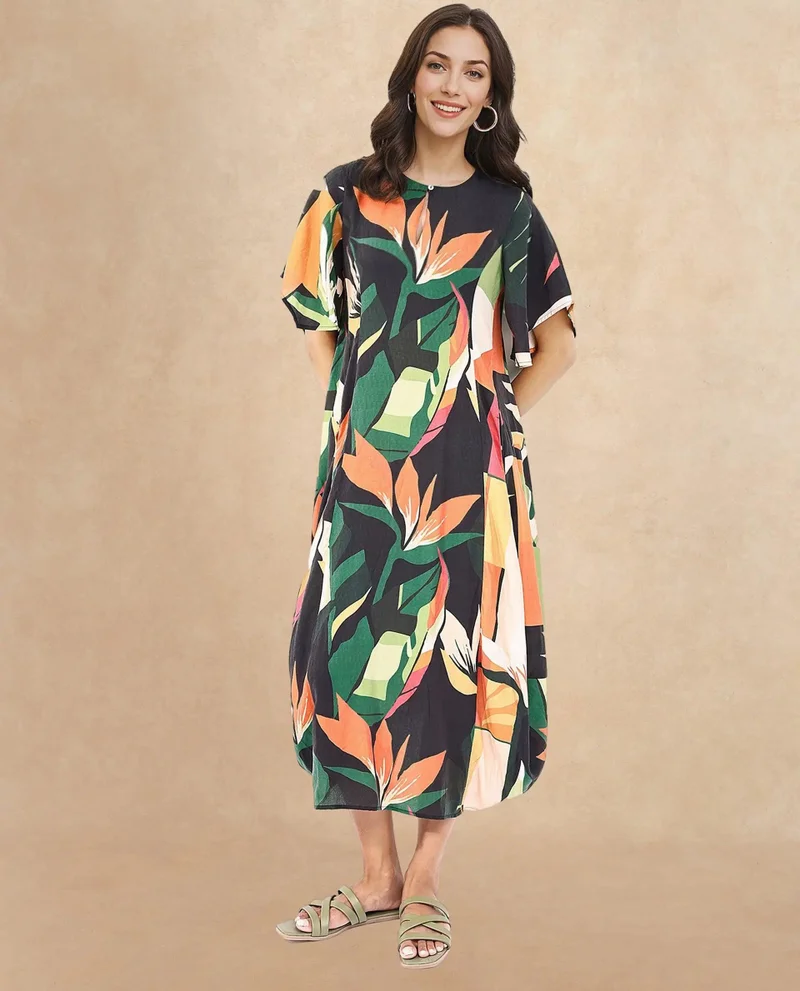 Rareism Women's Botanical Elegance Calf Length Dress