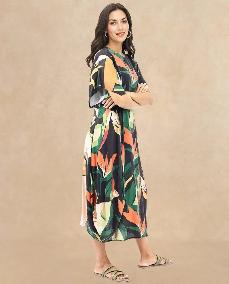 Rareism Women's Botanical Elegance Calf Length Dress