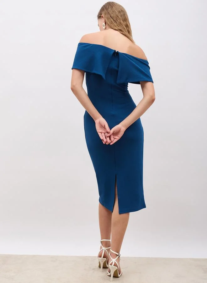 Styli Styli  Plain Off Shoulder Neck Bodycon Midi Dress