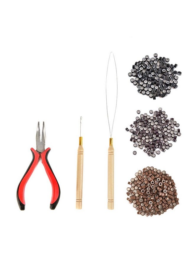 CREATE BEAUTY - Hair Extension Tools Kit Pliers Pulling Hook Bead Device Tool Kits With 600 Pieces 5Mm Silicone Lined Micro Rings (Black Dark Brown Brown) - Image 1