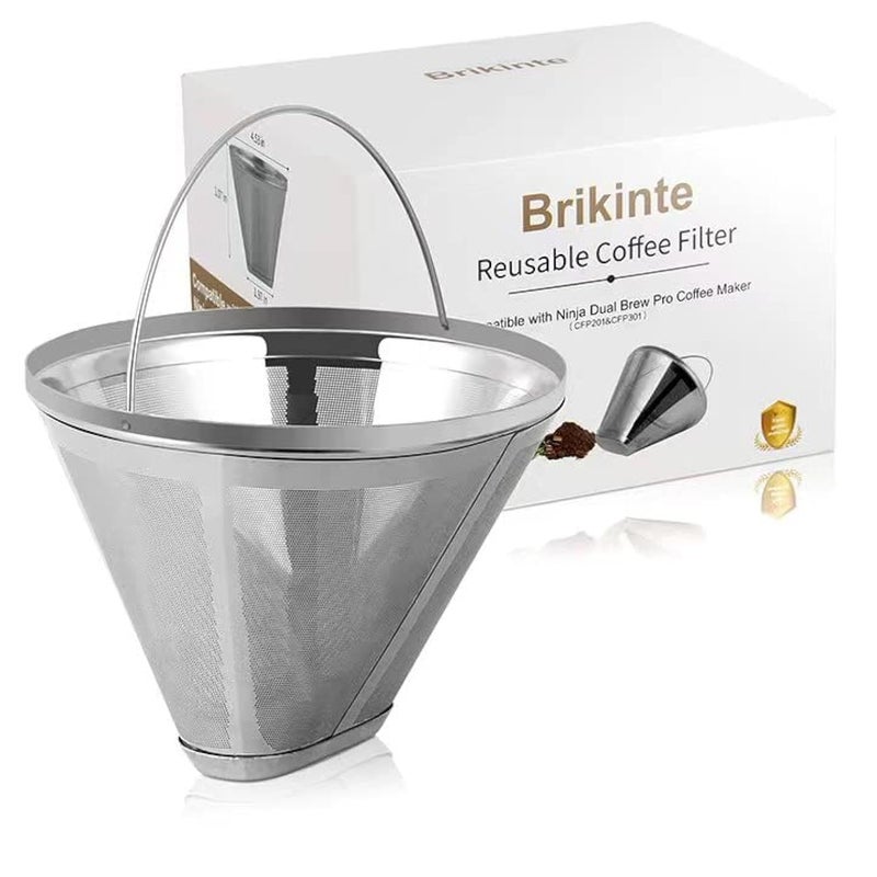 brikinte Reusable Coffee Filter No4 Cone Coffee Maker Filters 304 Stainless Steel Replacement Permanent Basket Filter for Ninja Coffee Bar Brewer Ninja CFP301 DualBrew Ninja Coffee Makers 