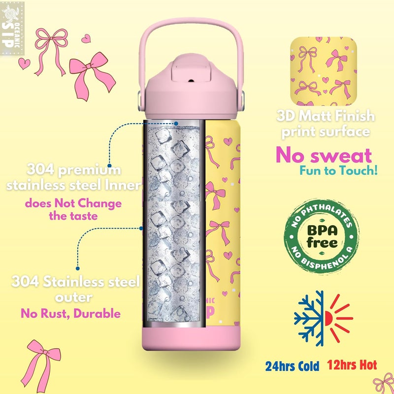 OCEANIC 550ml Girls Premium Stainless Steel Water Bottle with Straw – Leak-Proof, Double-Wall Vacuum Insulated, BPA-Free Kids Flask for School & Sports (Ribbons 550ml) - Image 5