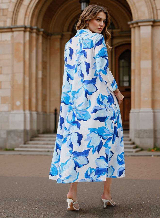 ايكونيك فستان ماكسي بتصميم ترابيز وطبعة زهور أيقونية مع ياقة وأكمام طويلة - Image 3