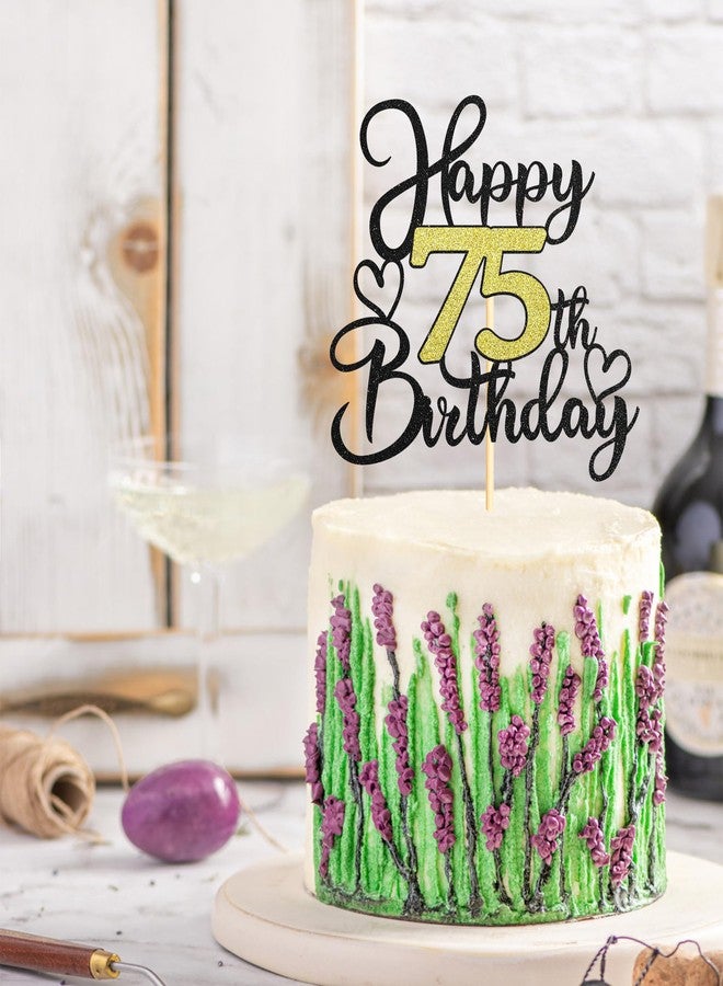 Sotpot 75th Birthday Cake Topper, Double-Sided Black Gold Glitter with Heart Accent Cake Topper for Cheers to 75 Years Birthday Party Decorations - 1 Pack - Image 5