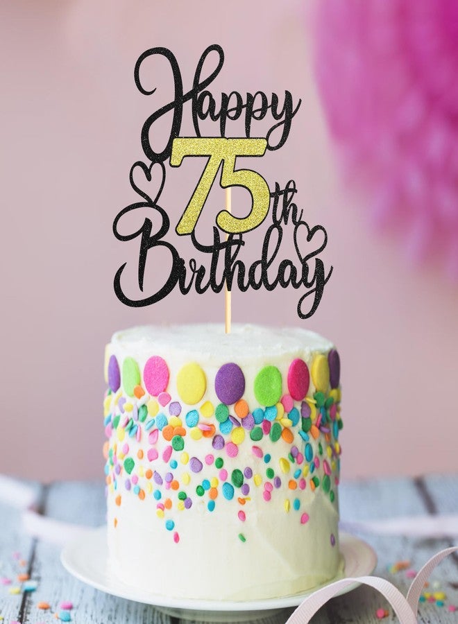 Sotpot 75th Birthday Cake Topper, Double-Sided Black Gold Glitter with Heart Accent Cake Topper for Cheers to 75 Years Birthday Party Decorations - 1 Pack - Image 4