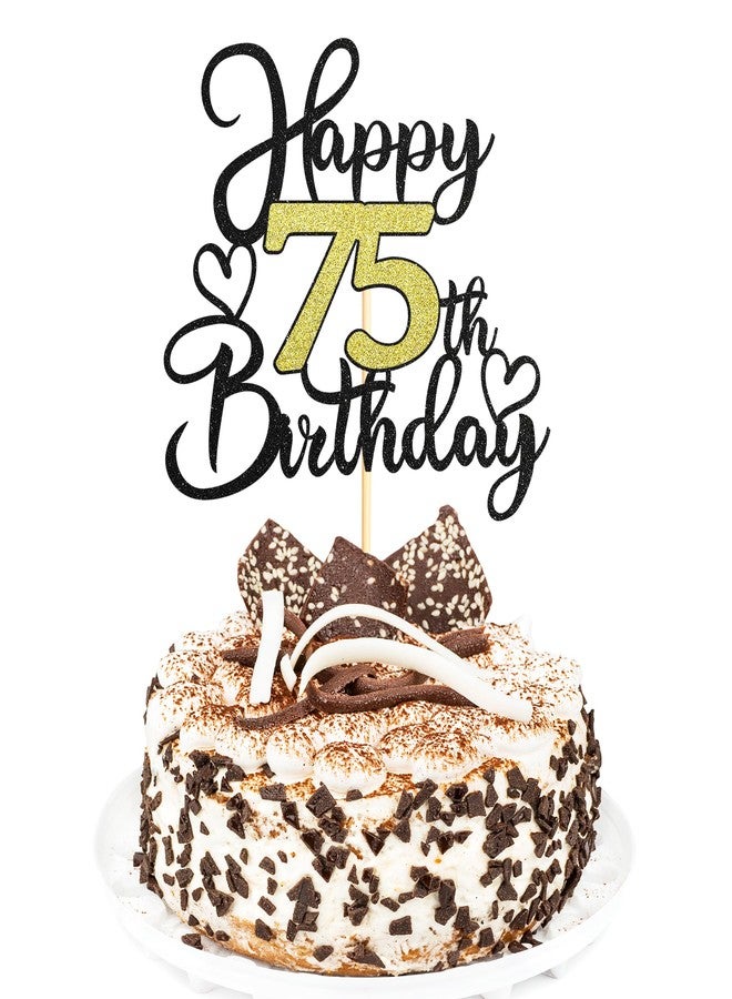 Sotpot 75th Birthday Cake Topper, Double-Sided Black Gold Glitter with Heart Accent Cake Topper for Cheers to 75 Years Birthday Party Decorations - 1 Pack - Image 1