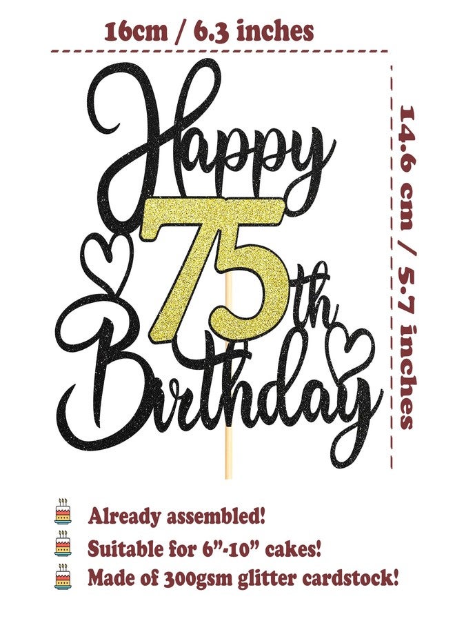 Sotpot 75th Birthday Cake Topper, Double-Sided Black Gold Glitter with Heart Accent Cake Topper for Cheers to 75 Years Birthday Party Decorations - 1 Pack - Image 2