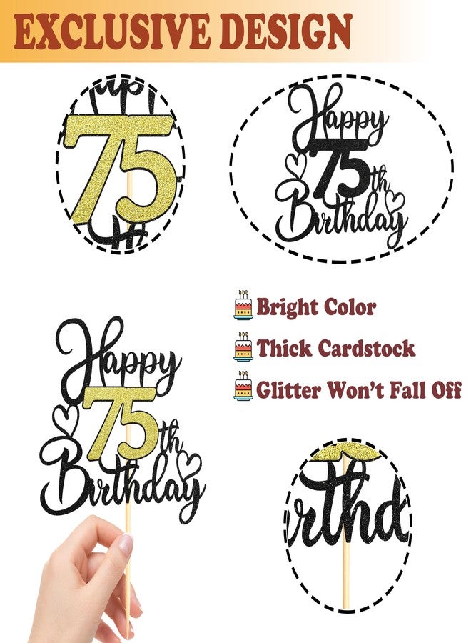 Sotpot 75th Birthday Cake Topper, Double-Sided Black Gold Glitter with Heart Accent Cake Topper for Cheers to 75 Years Birthday Party Decorations - 1 Pack - Image 3