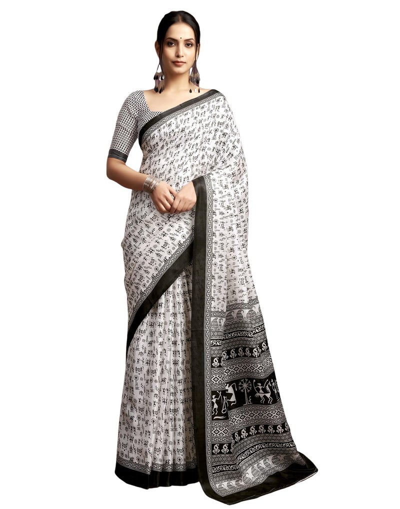 SIRIL Women's Cotton Warli Printed Saree With Unstitched Blouse Piece (3999S125_White) - Image 1