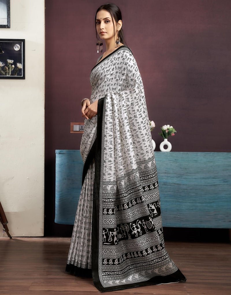 SIRIL Women's Cotton Warli Printed Saree With Unstitched Blouse Piece (3999S125_White) - Image 2