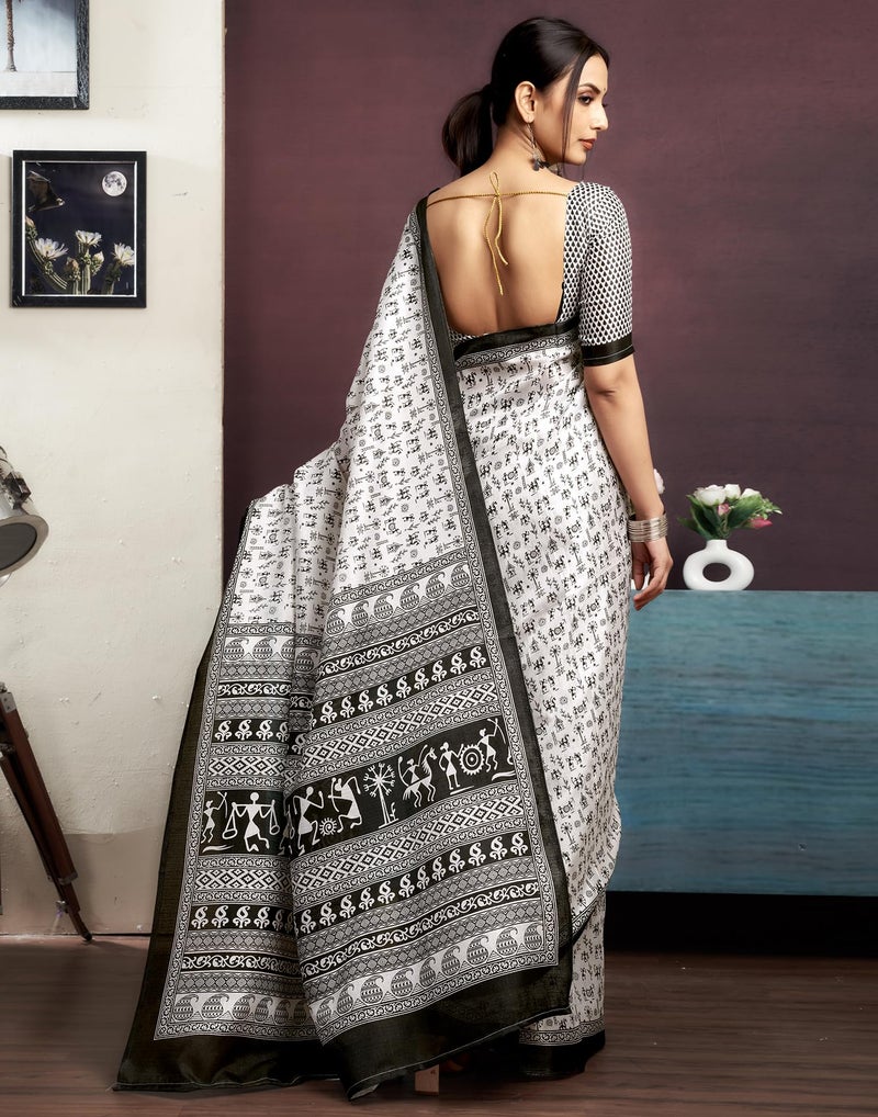 SIRIL Women's Cotton Warli Printed Saree With Unstitched Blouse Piece (3999S125_White) - Image 5