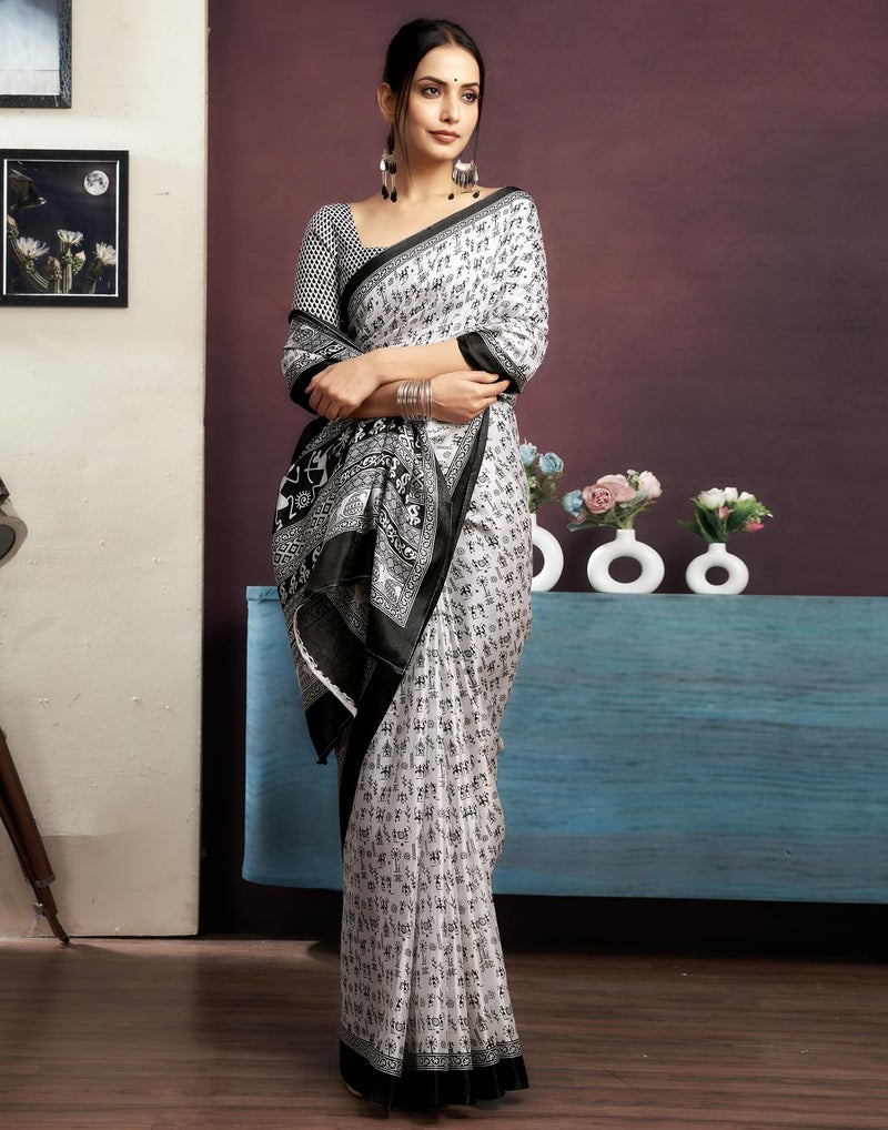 SIRIL Women's Cotton Warli Printed Saree With Unstitched Blouse Piece (3999S125_White) - Image 3