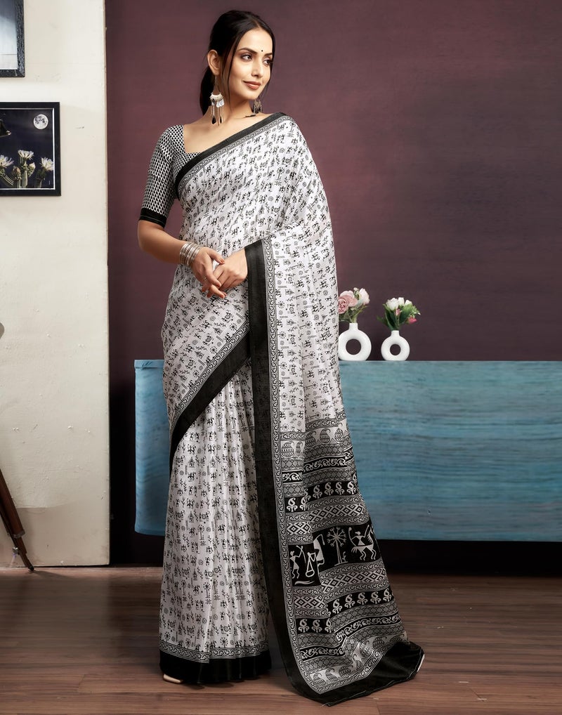 SIRIL Women's Cotton Warli Printed Saree With Unstitched Blouse Piece (3999S125_White) - Image 4