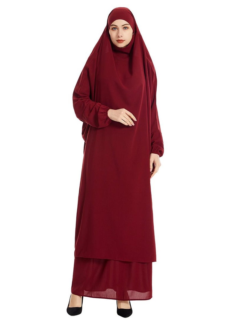 إسكدنيا Women's 2-Piece Solid Color Abaya Set Batwing Sleeve Abaya Thobe Robe And Half Skirt Suit Wine Red  - Image 1