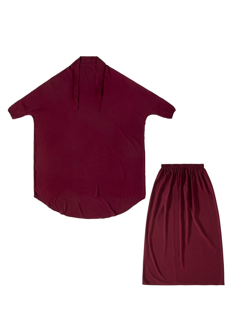 إسكدنيا Women's 2-Piece Solid Color Abaya Set Batwing Sleeve Abaya Thobe Robe And Half Skirt Suit Wine Red  - Image 3