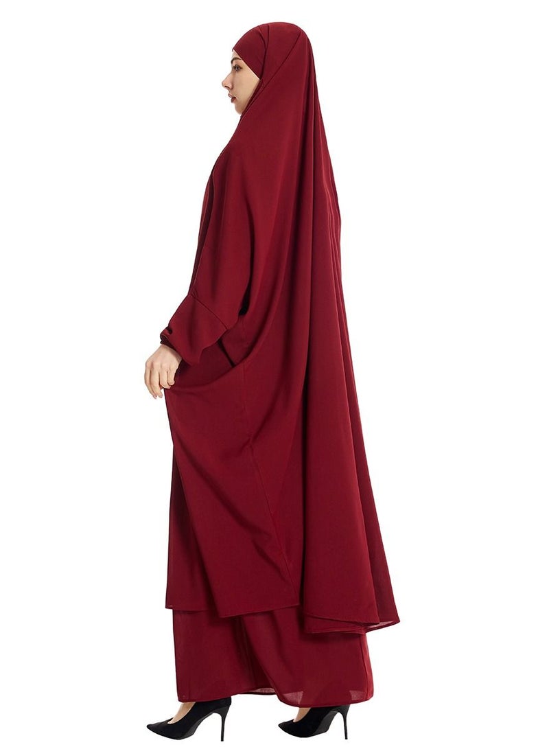 إسكدنيا Women's 2-Piece Solid Color Abaya Set Batwing Sleeve Abaya Thobe Robe And Half Skirt Suit Wine Red  - Image 2