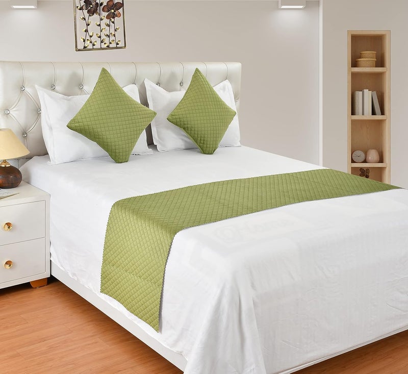 Kingly Velvet Bed End Runner with Cushion Covers Olive Green Luxury 3 Piece King Size Set Quilted Hotel Decor 16x96 + 2 Cushion Cover 16x16 - Image 2