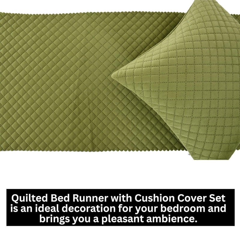 Kingly Velvet Bed End Runner with Cushion Covers Olive Green Luxury 3 Piece King Size Set Quilted Hotel Decor 16x96 + 2 Cushion Cover 16x16 - Image 4
