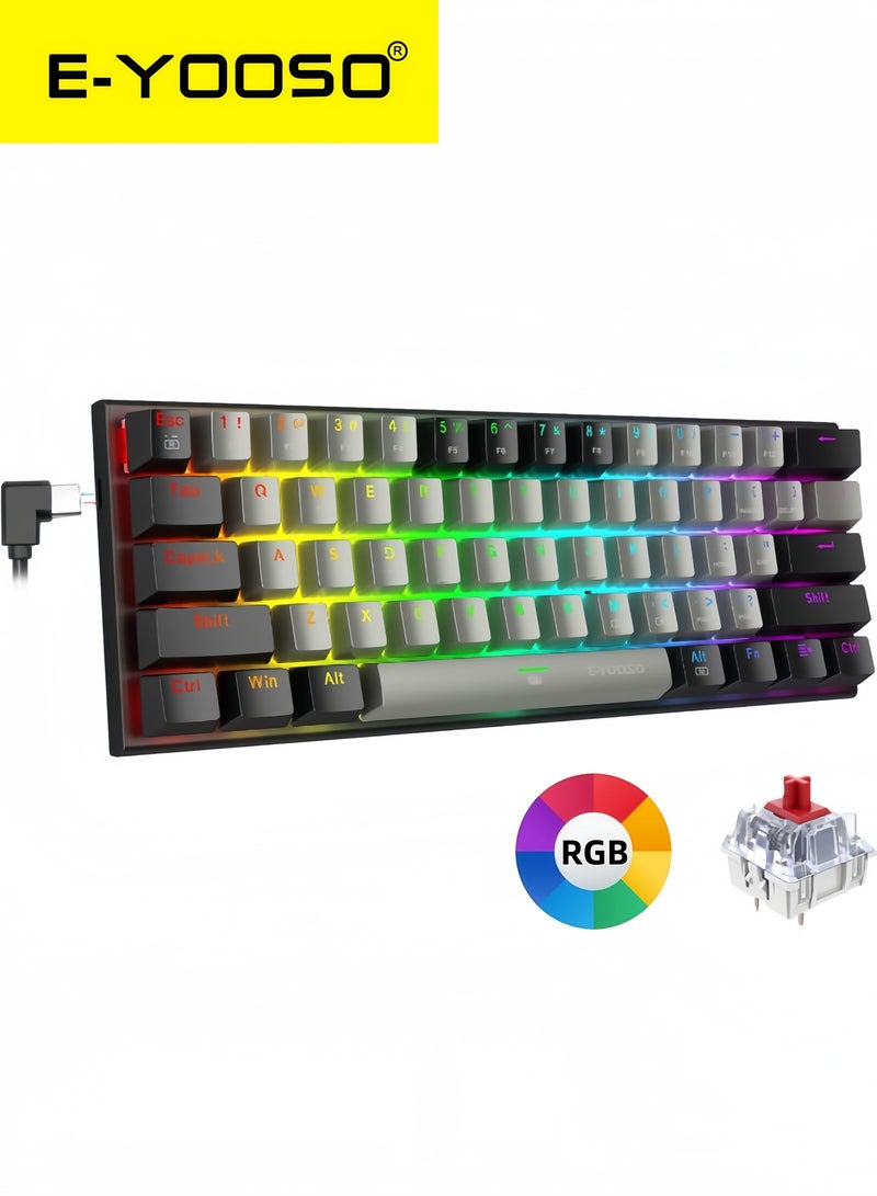 E-YOOSO Z-11 61 Keys Mechanical Gaming Keyboard,Red Switch 60% Wired Compact Keyboard,RGB Backlit and Metal Panel for Windows,Mac OS-Grey Black - Image 1