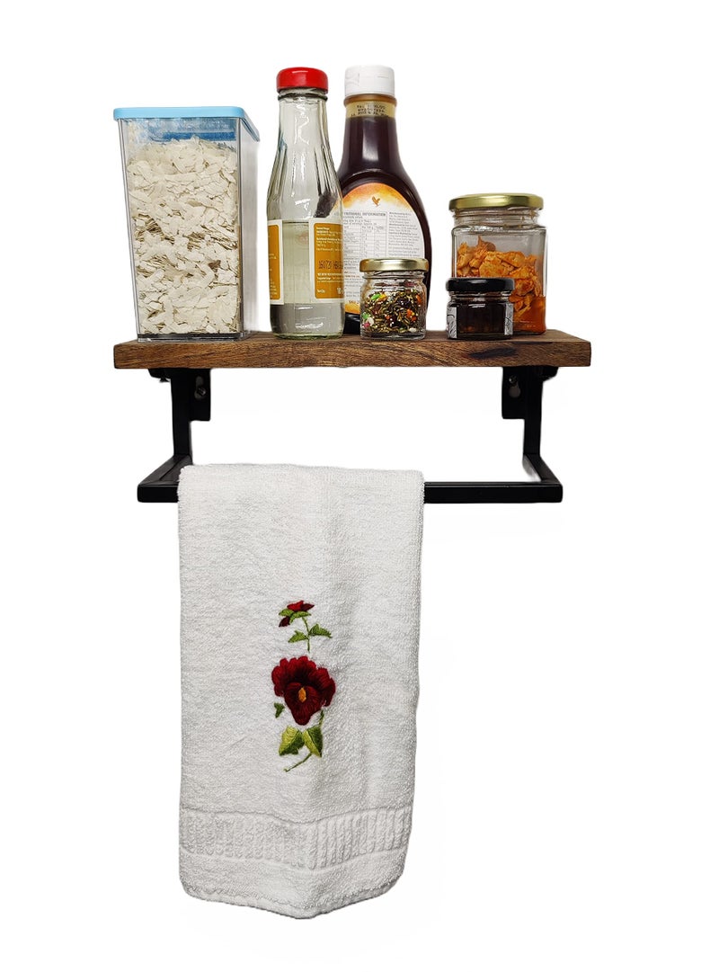 Appeasy appeasy Wooden 12 inch Wall Mounted Storage Shelves with Towel Rack/Towel Holder with Shelf for Kitchen, Bathroom-Black Metal Frame, Set of 1 - Image 2