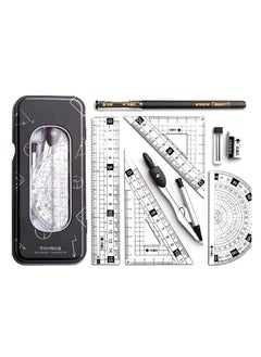 Maths Set, Geometry Compass Set Protractor Rulers Compass Set for Student Metal Durable Outer Box with Eraser/Ballpoint Pen (Black)
