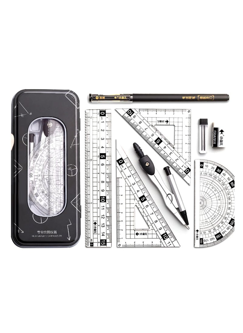 CMGTYYD - Maths Set, Geometry Compass Set Protractor Rulers Compass Set for Student Metal Durable Outer Box with Eraser/Ballpoint Pen (Black) - Image 1