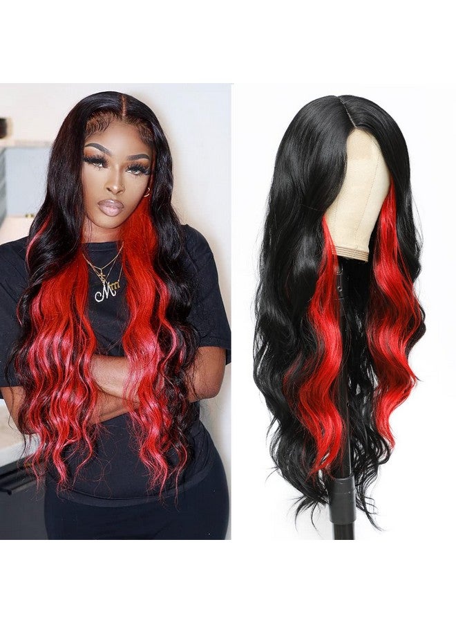إكس كوكو باروكات طويلة مموجة للنساء شعر مستعار أسود مميز شعر مستعار دانتيل اصطناعي 28 بوصة شعر مستعار أسود مع شعر مستعار أحمر اللون - Image 1