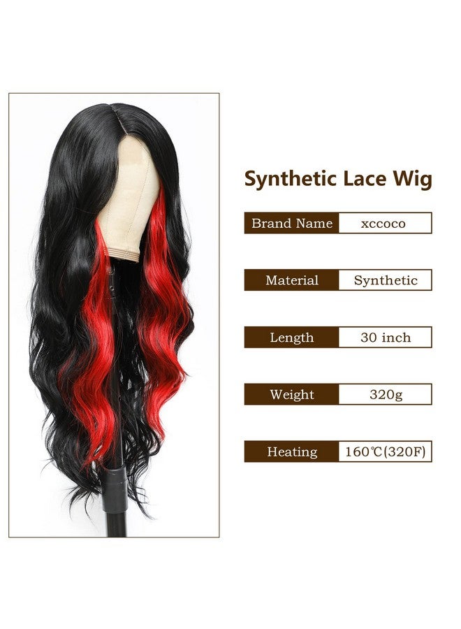 إكس كوكو باروكات طويلة مموجة للنساء شعر مستعار أسود مميز شعر مستعار دانتيل اصطناعي 28 بوصة شعر مستعار أسود مع شعر مستعار أحمر اللون - Image 3