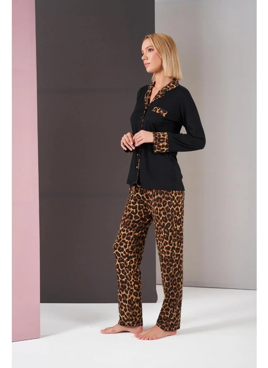 Pjs Women's Buttoned Leopard Patterned Piping Long Sleeve Pajama Set