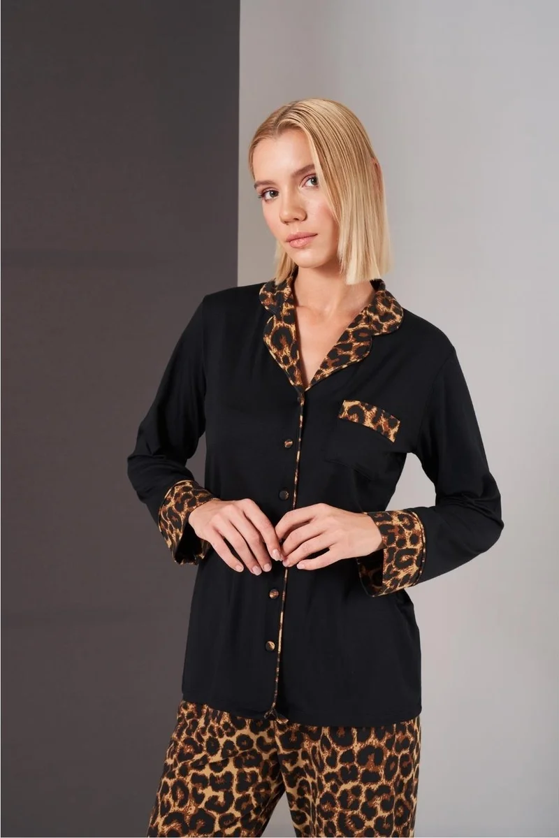 Pjs Women's Buttoned Leopard Patterned Piping Long Sleeve Pajama Set
