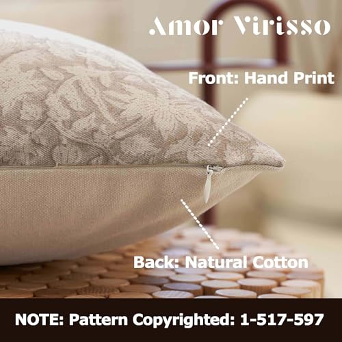 Amor Virisso Floral Throw Pillow Covers 18x18 Couch Pillows for Living Room Decorative Accent Pillow Covers Block Print Farmhouse Neutral Pillow Covers Sofa Pillows 1PC, Cream Oatmeal - Image 2