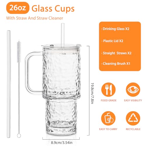 SoulTimes 26oz Water Ripple Glass Tumbler with Handle & Lid, Reusable Iced Coffee Cups with Straws – Set of 2, Glass Cups for Smoothies, Juice, Coffee, Tea – Travel Mugs for Daily Use - Image 2