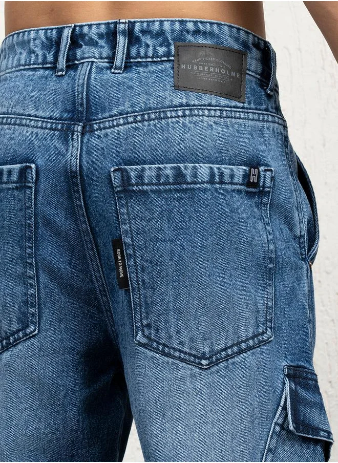 Hubberholme Mid Rise Relaxed Fit Faded Cargo Jeans by Styli