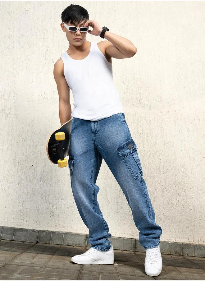 Hubberholme Mid Rise Relaxed Fit Faded Cargo Jeans by Styli