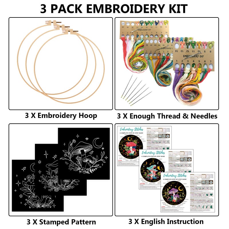 Nuberlic 3 Pack Embroidery Kit for Adults Beginners, Stamped Cross Stitch Mushroom Patterns with Hoop, Thread, Needles & Step-by-Step Guide Easy DIY Starter Kit - Image 2