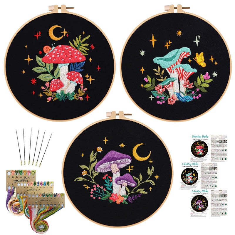 Nuberlic 3 Pack Embroidery Kit for Adults Beginners, Stamped Cross Stitch Mushroom Patterns with Hoop, Thread, Needles & Step-by-Step Guide Easy DIY Starter Kit - Image 1