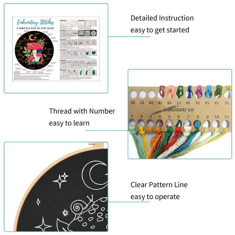 Nuberlic 3 Pack Embroidery Kit for Adults Beginners, Stamped Cross Stitch Mushroom Patterns with Hoop, Thread, Needles & Step-by-Step Guide Easy DIY Starter Kit - Image 5