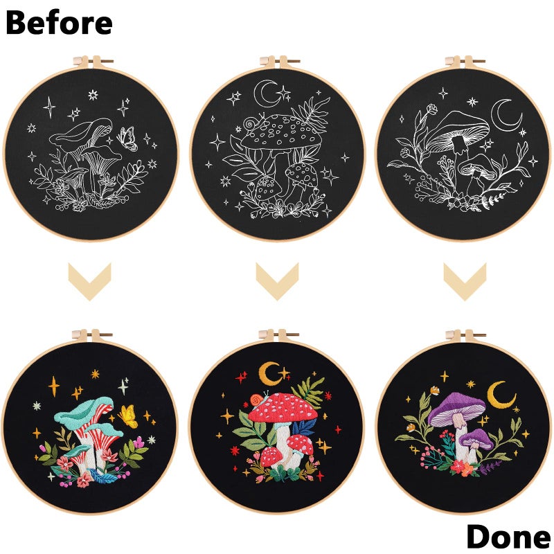 Nuberlic 3 Pack Embroidery Kit for Adults Beginners, Stamped Cross Stitch Mushroom Patterns with Hoop, Thread, Needles & Step-by-Step Guide Easy DIY Starter Kit - Image 3