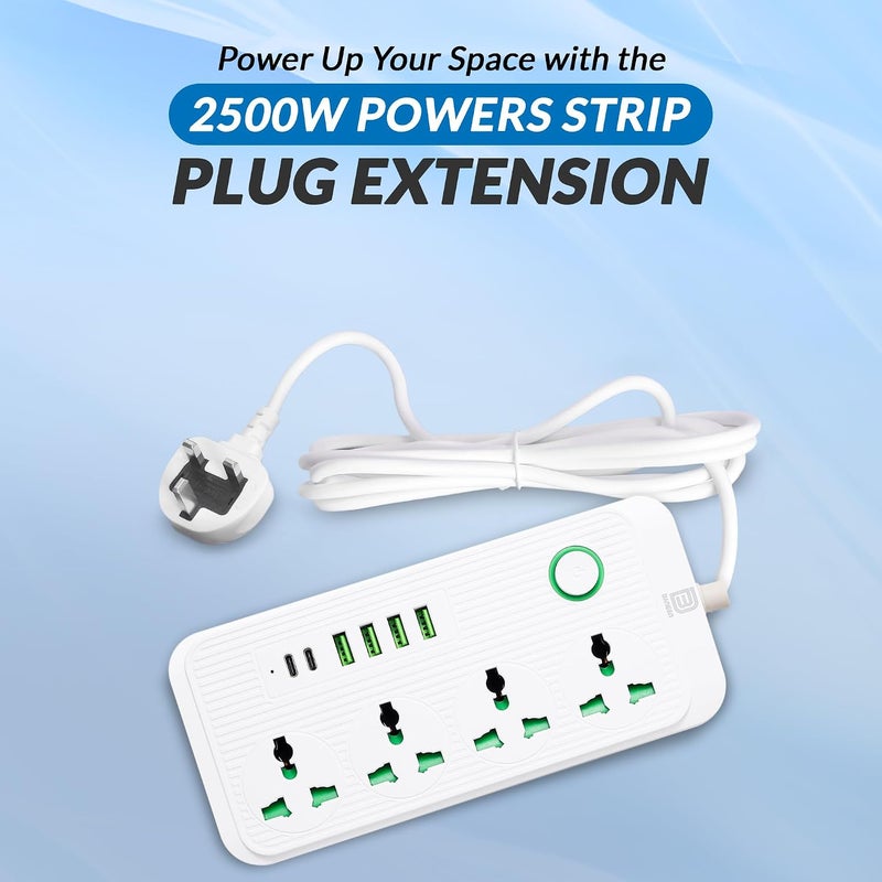 DANEEN Power Extension cord | 3M 3 Core Cable with 10A Fused UK 3 PIN Plug, 04 Power Outlets, 2 Type C and 6 USB 4.8A Fast Charging Ports, Surge & Overload Protection | Push button & LED Indicator - Image 3
