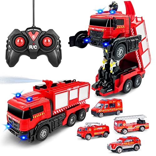 Grarain Remote Control Fire Truck with LED Sounds RC Car Toy with 3pcs Small Firetrucks and 10pcs Roadblock Models One Button Press Spraying Water Transformer Fire Truck for Kids Toddlers Boys - Image 1