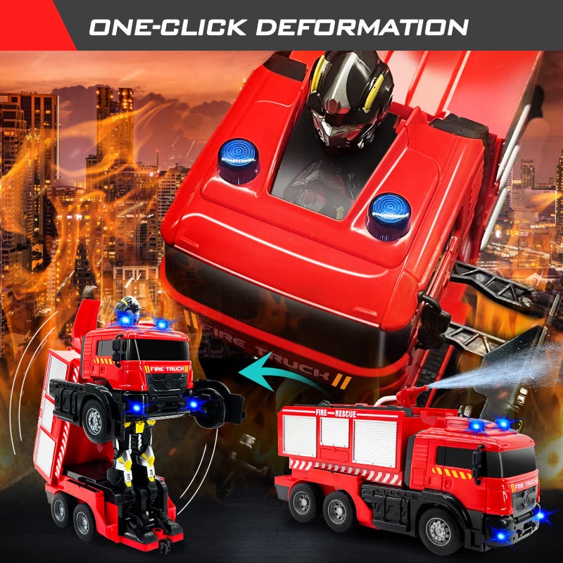 Grarain Remote Control Fire Truck with LED Sounds RC Car Toy with 3pcs Small Firetrucks and 10pcs Roadblock Models One Button Press Spraying Water Transformer Fire Truck for Kids Toddlers Boys - Image 3
