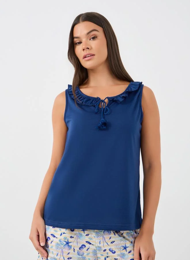 Styli Styli Ruffled Tassel Tie-Up Neck Tank and Shell Print Shorts Set