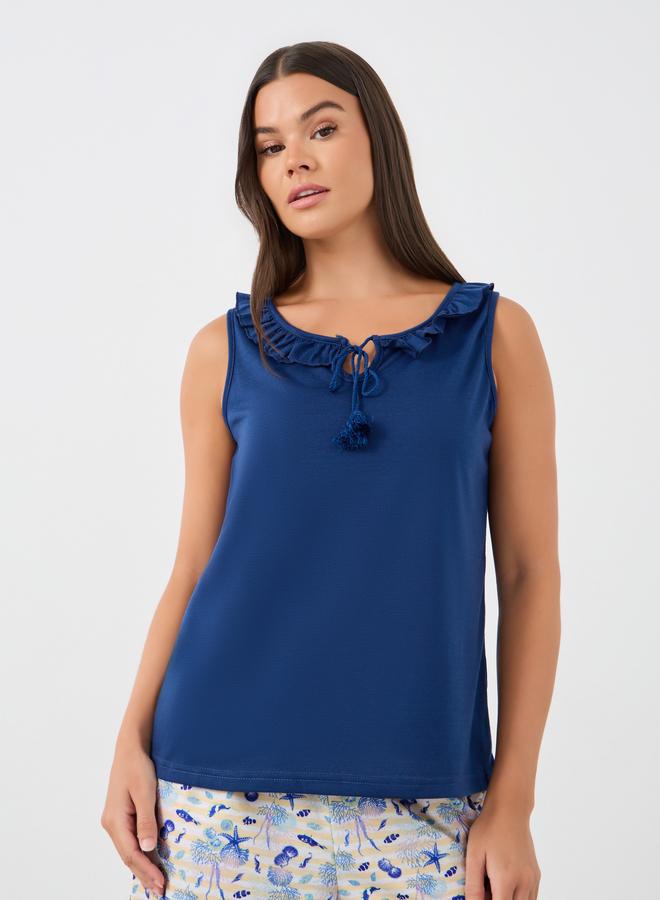 Styli Ruffled Tassel Tie-Up Neck Tank and Shell Print Shorts Set - Image 2