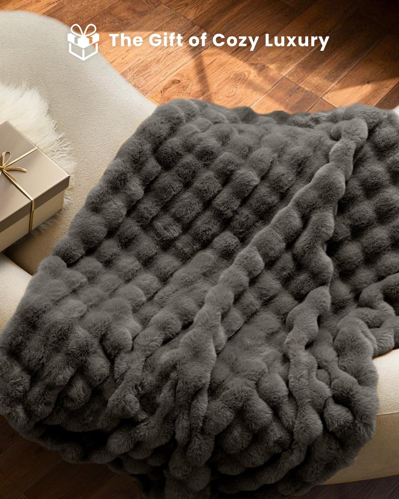 blunique Ultra Soft Cozy Faux Fur Throw Blanket-Fuzzy Plush Thick Bubble Blanket, Fluffy Blanket for Couch, Sofa, Bedroom, and Living Room, 50x60 Inches, Dark Grey Taupe - Image 5