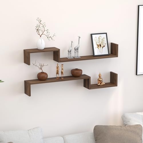 BLUEWUD Riley Engineered Wood Wall Decor Floating Shelf Display Rack Decorative Hall Décor for Living Room Home Furniture (Brown Maple) - Image 1
