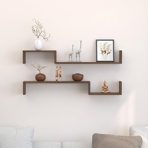 BLUEWUD Riley Engineered Wood Wall Decor Floating Shelf Display Rack Decorative Hall Décor for Living Room Home Furniture (Brown Maple) - Image 2