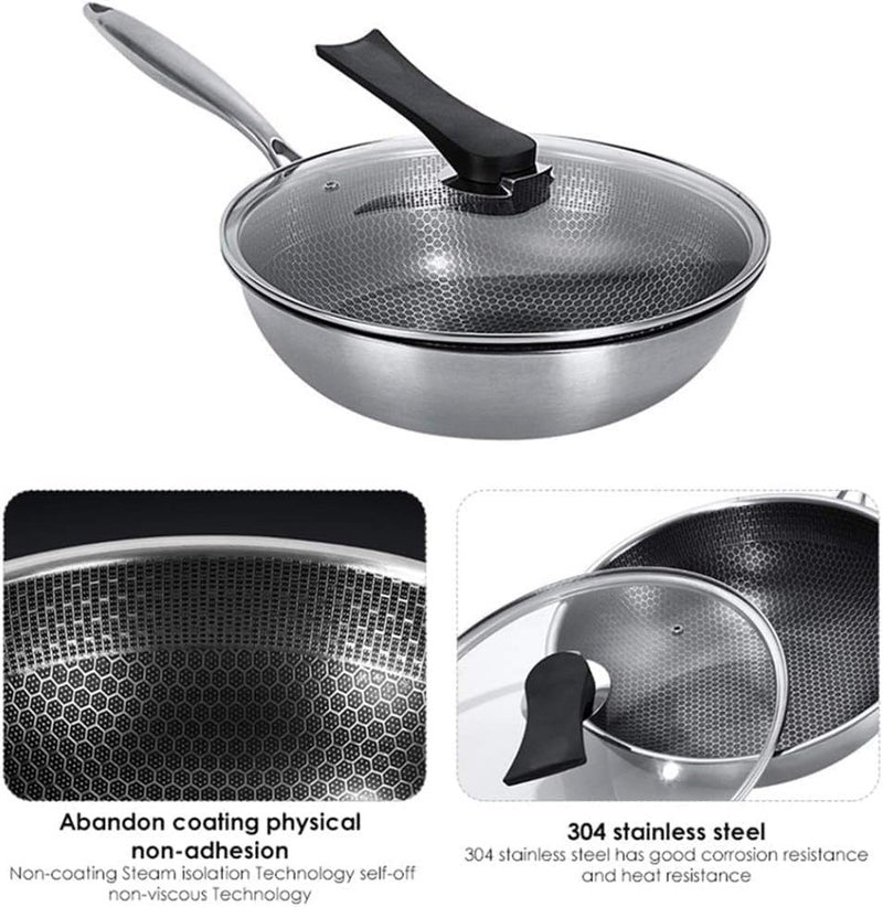 Swejos Nonstick Frying Pan with Lid Full Screen Beehive Stainless Steel Wok Kitchen Utensils Fry Stir Cooking Pot for Home Use Suitable Saute Vegetables Steaks - Image 2