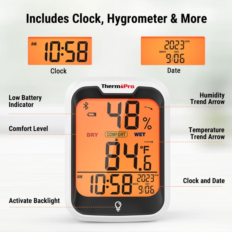 ThermoPro TP358 Bluetooth Thermometer for Room Temperature with Built-in Clock, Smart Temperature Sensor and Humidity Meter with Backlit, 260Ft Hygrometer Indoor Thermometer with Data Storage Export - Image 5