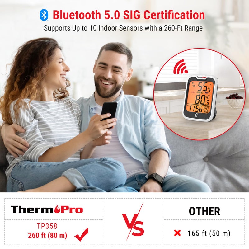 ThermoPro TP358 Bluetooth Thermometer for Room Temperature with Built-in Clock, Smart Temperature Sensor and Humidity Meter with Backlit, 260Ft Hygrometer Indoor Thermometer with Data Storage Export - Image 3